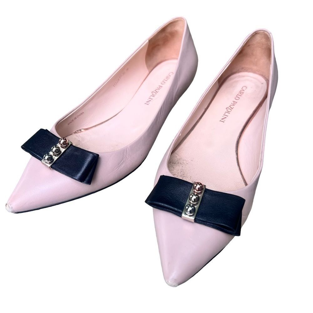 CARLO PAZOLINI BEIGE BLACK PATENT LEATHER SHOES W BOW AND GOLD ACCENTS 36